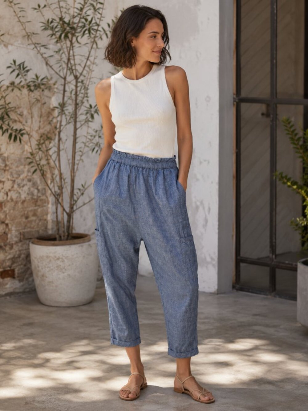 NSF Shailey Paperbag Pants Womens Med Pull on Drop Crotch Blue
